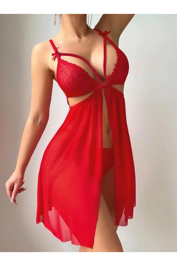 Arias Closet Kırmızı Göğüs İp Detaylı Dantel İşlemeli Tül Gecelik
