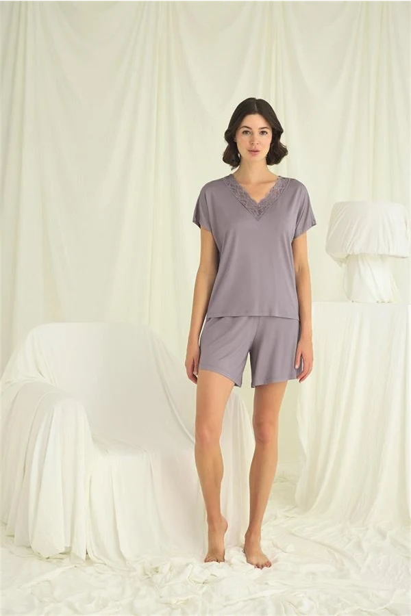 Arias Closet Kısa Kollu Dantelli V Yaka Şort Takımı