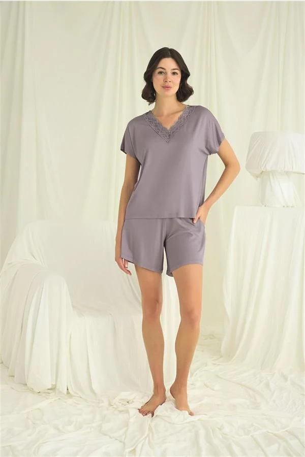 Arias Closet Kısa Kollu Dantelli V Yaka Şort Takımı