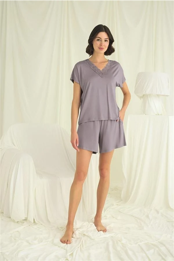 Arias Closet Kısa Kollu Dantelli V Yaka Şort Takımı