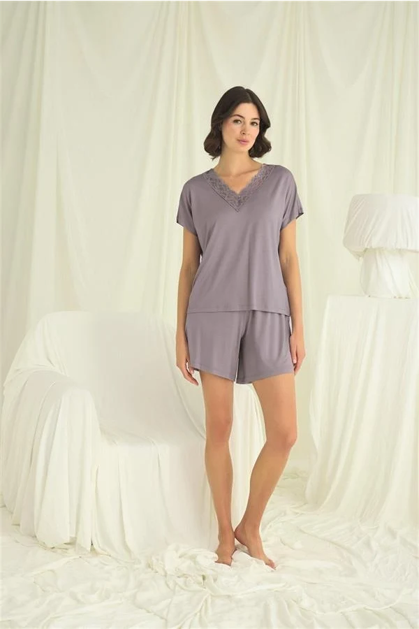 Arias Closet Kısa Kollu Dantelli V Yaka Şort Takımı