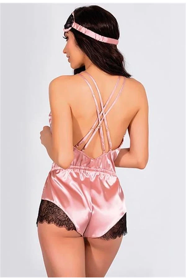 Arias Closet Pembe Dantelli Sırtı Çapraz Saten Şort Tulum