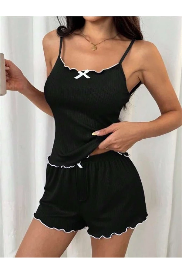 Arias Closet Siyah Beyaz Kurdelalı Askılı Şortlu Pijama Takımı