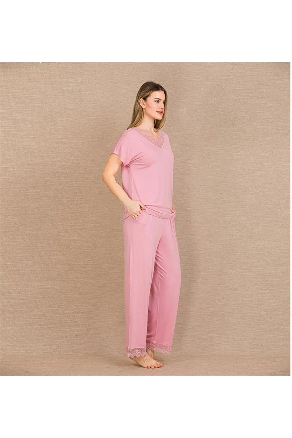Arias Closet Viskon Şık Tasarım Dantel İşlemeli Pembe Kısa Kol Pijama Takımı