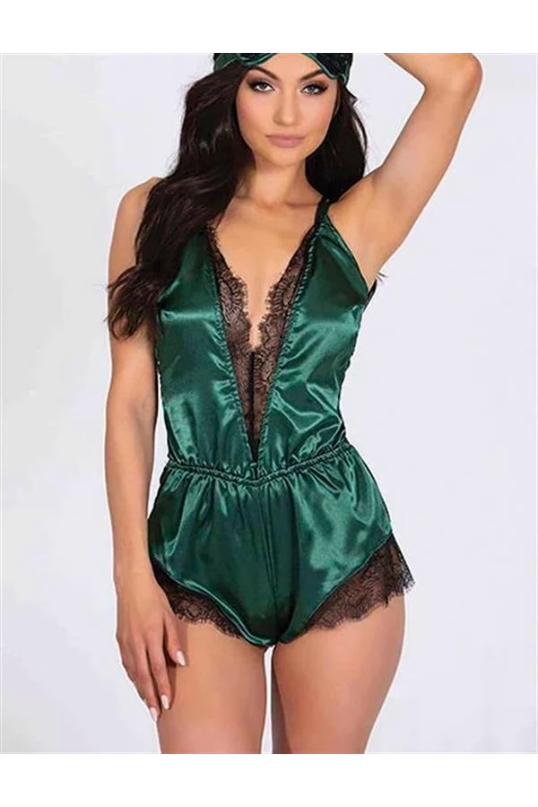 Arias Closet Yeşil Dantelli Sırtı Çapraz Saten Şort Tulum