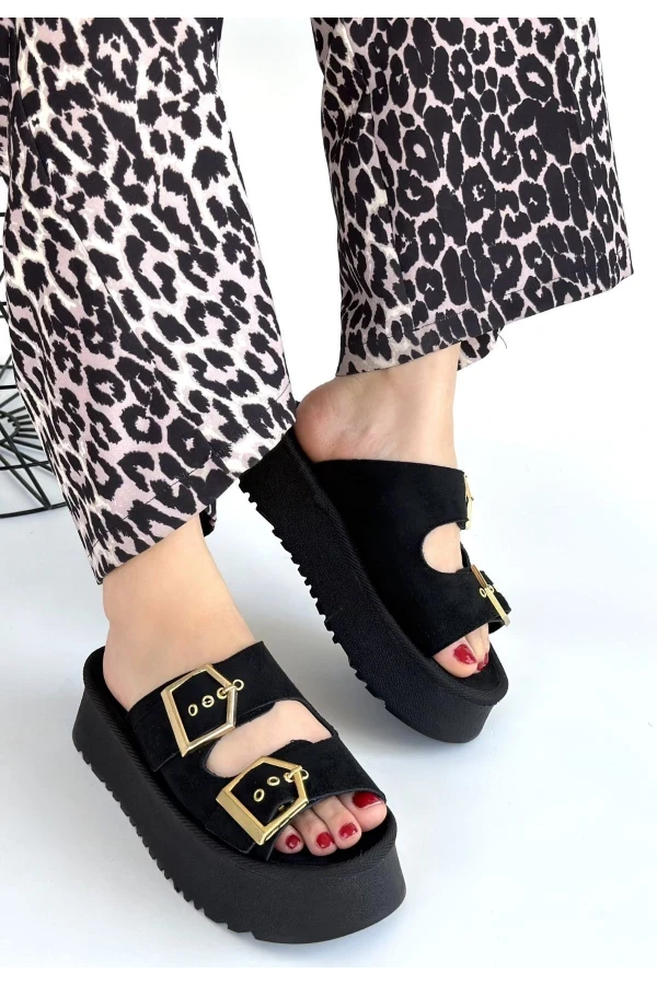 Coer Siyah Süet Çift Tokalı Terlik