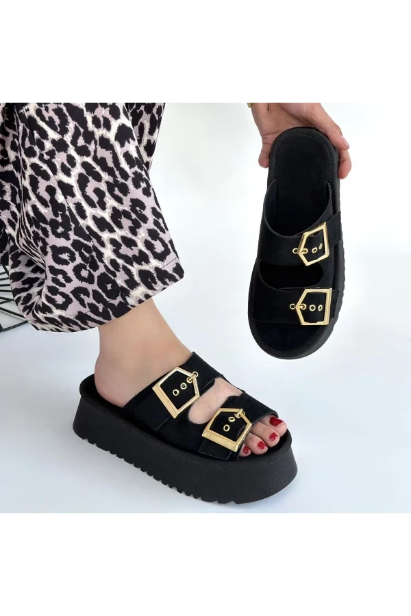 Coer Siyah Süet Çift Tokalı Terlik