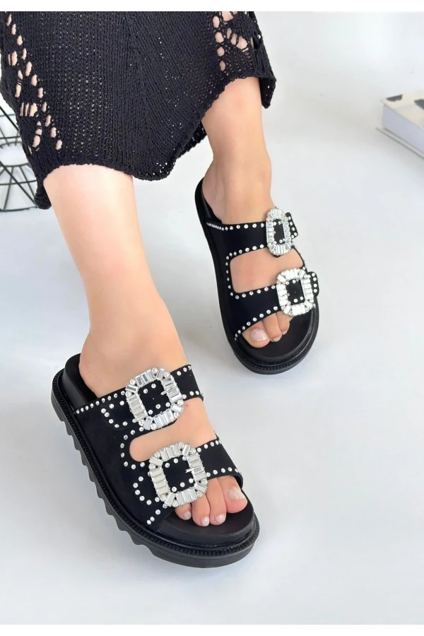 Juana Siyah Nubuk  Taşlı Terlik