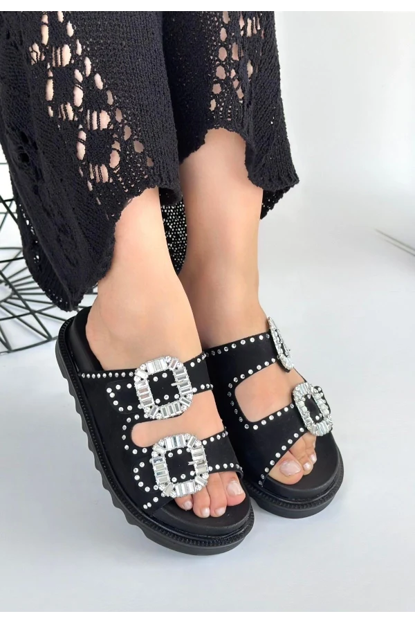 Juana Siyah Nubuk  Taşlı Terlik