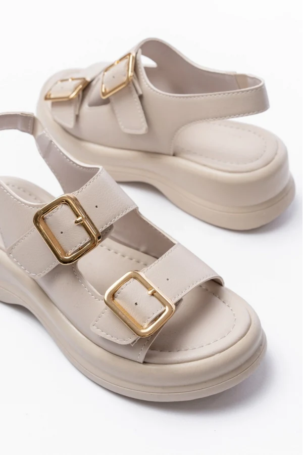 Kaji Bej Cilt Çift Tokalı Sandalet