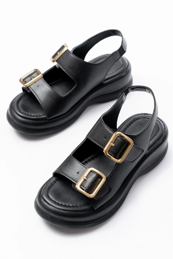 Kaji Siyah Cilt Çift Tokalı Sandalet