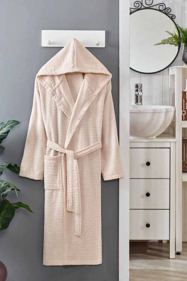 Kapüşonlu Unisex Banyo Bornozu %100 Soft Pamuklu Krem
