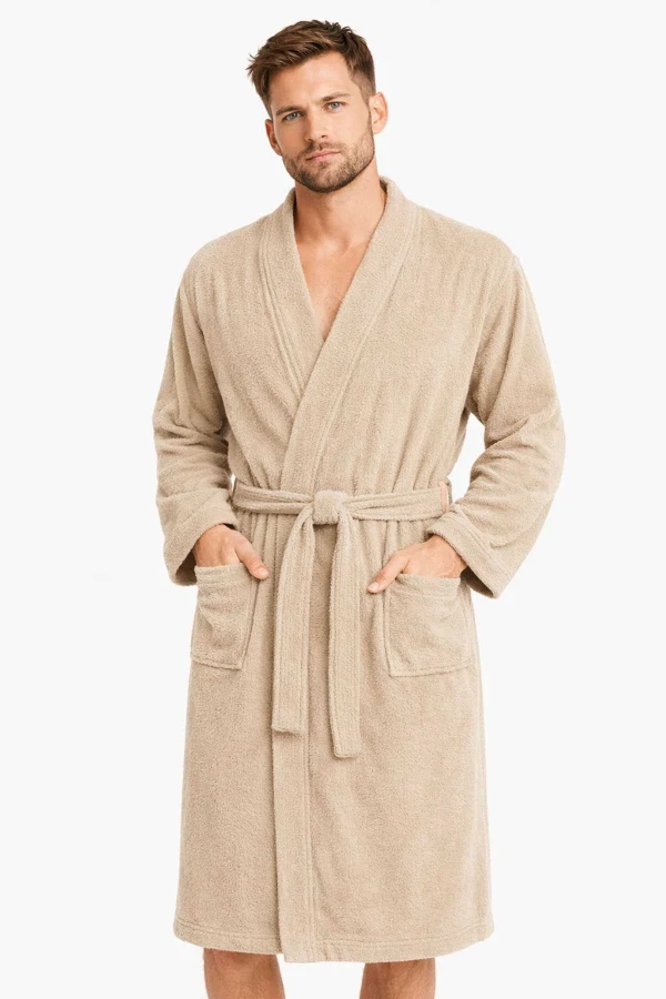 Kimono Yaka Unisex Pamuklu Tek Kişilik Bornoz Bej