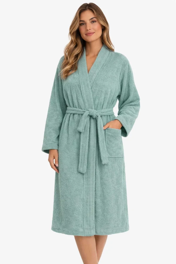 Kimono Yaka Unisex Pamuklu Tek Kişilik Bornoz  Yeşil