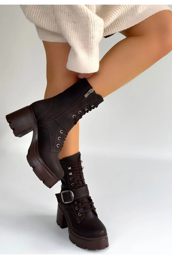 Linma Acı Kahve Cilt Bağcıklı Topuklu Bot