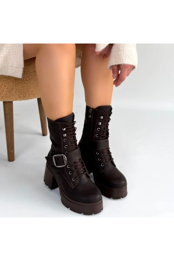 Linma Acı Kahve Cilt Bağcıklı Topuklu Bot