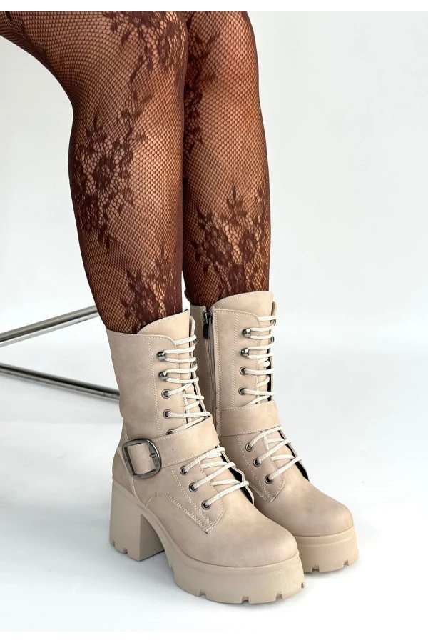 Linma Bej Nubuk Bağcıklı Topuklu Bot