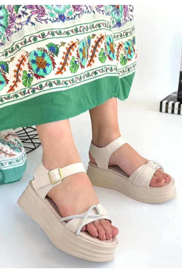 Luno Bej Cilt Kemerli Sandalet