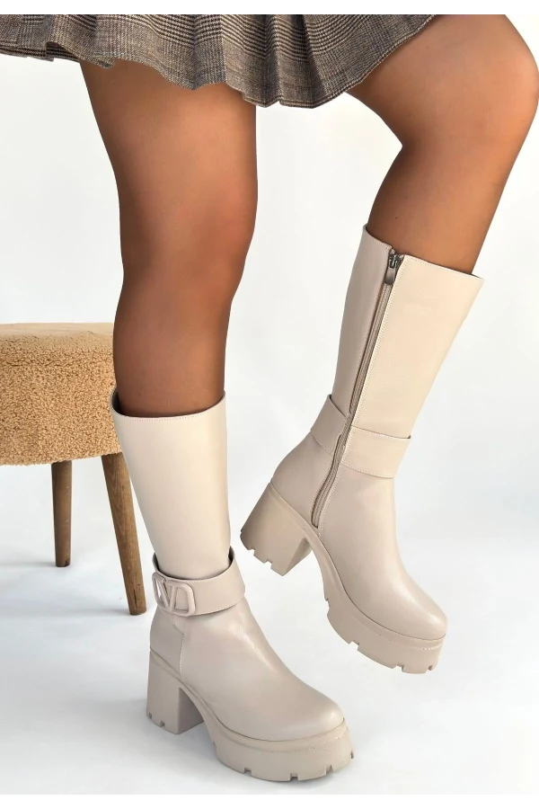 Moki Bej Cilt Topuklu Çizme