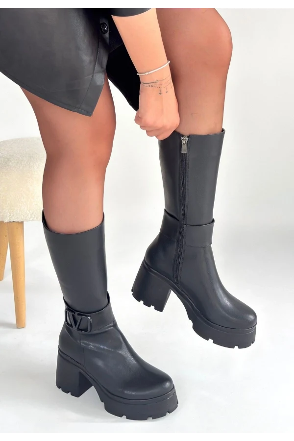 Moki Siyah Cilt Topuklu Çizme