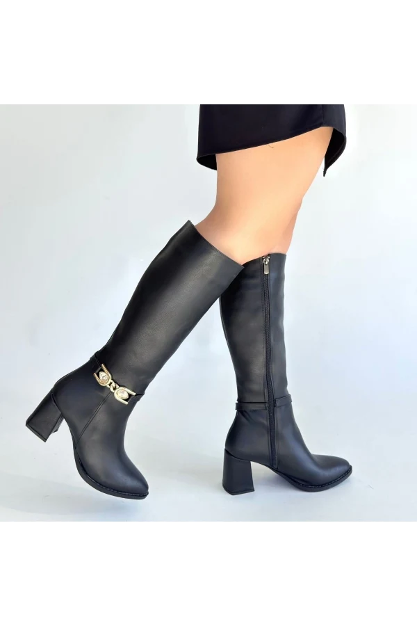 Mooni Siyah Cilt Topuklu Çizme