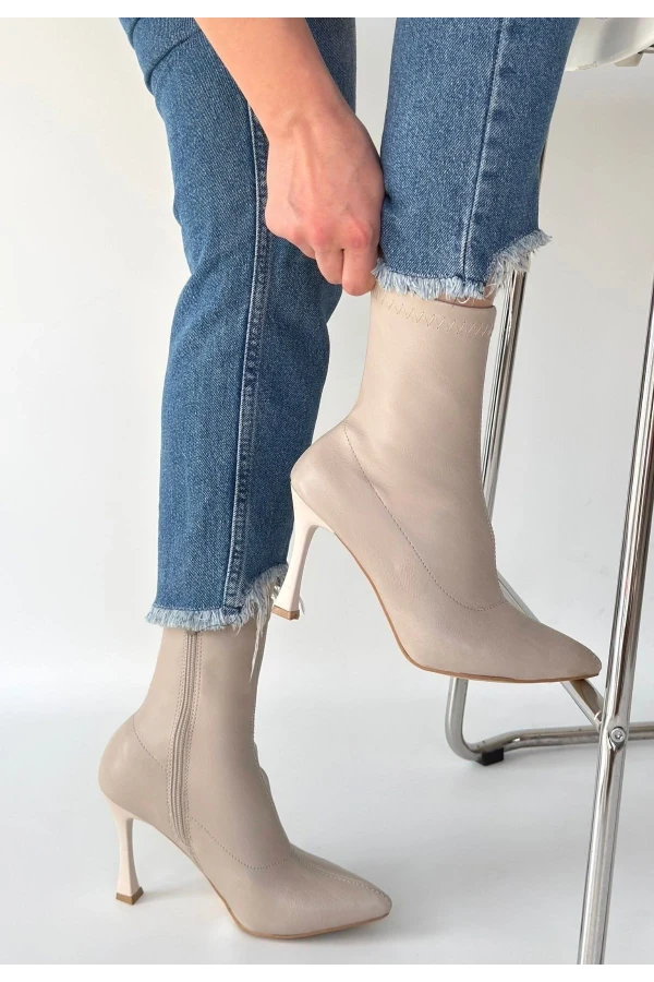 Orjen Bej Cilt Streç Topuklu Bot