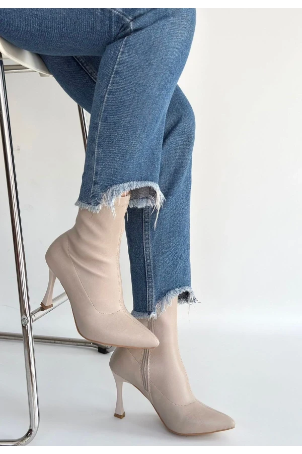 Orjen Bej Cilt Streç Topuklu Bot
