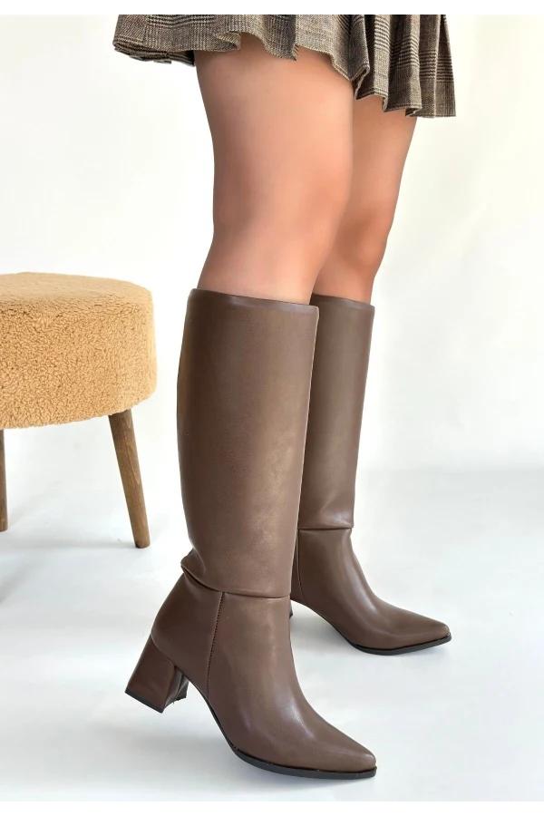 Roksa Acı Kahvei Cilt Topuklu Çizme