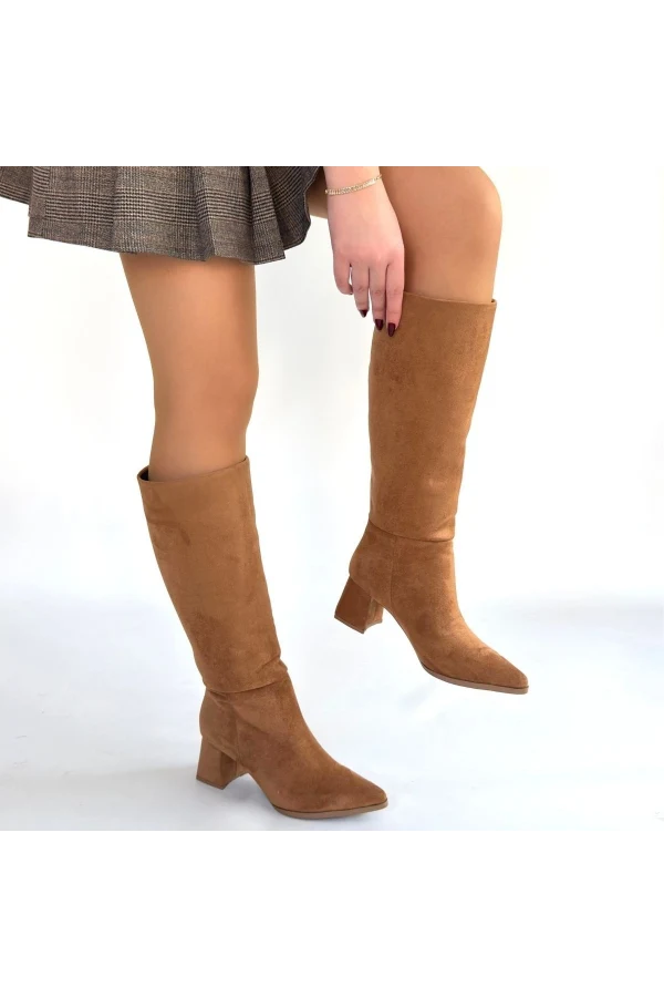 Roksa Taba Süet Topuklu Çizme