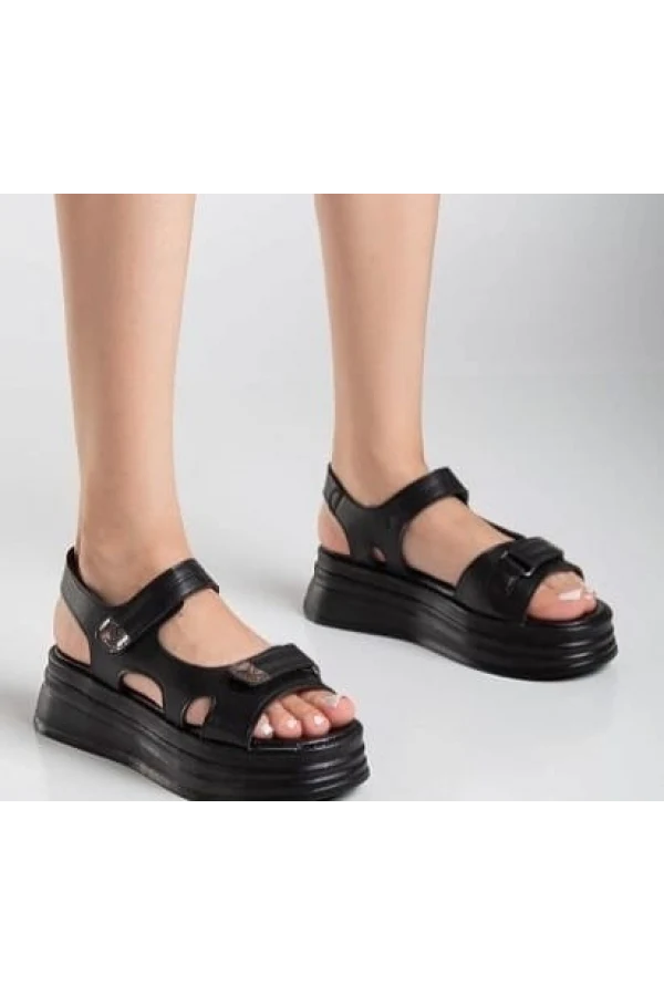 Saide Siyah Cilt Cırt Cırtlı Sandalet