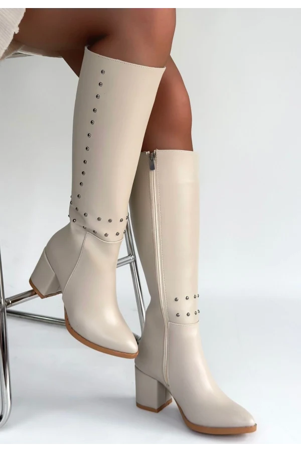 Tiyan Bej Cilt Topuklu Çizme