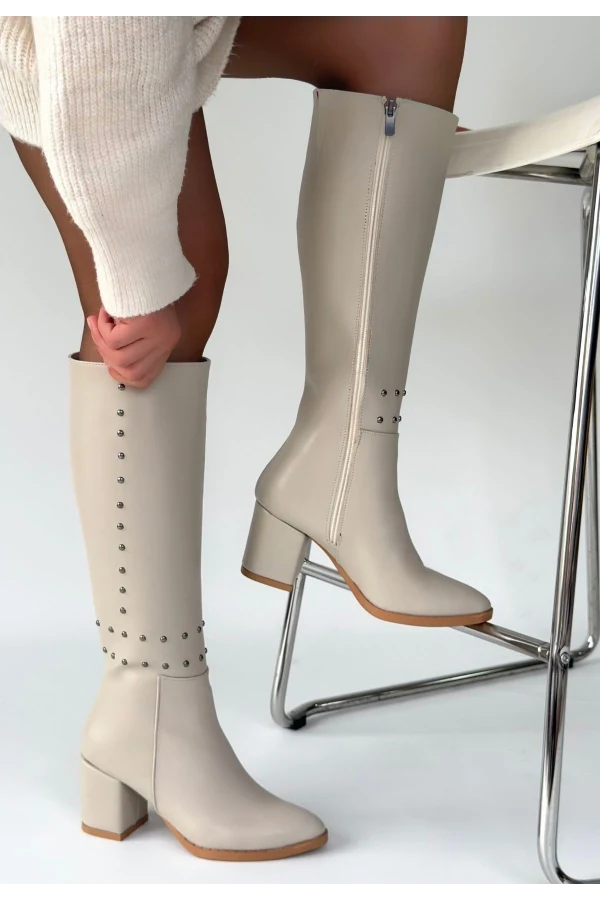 Tiyan Bej Cilt Topuklu Çizme