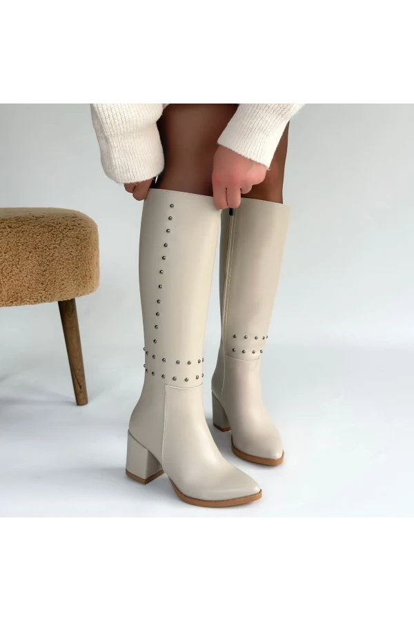 Tiyan Bej Cilt Topuklu Çizme