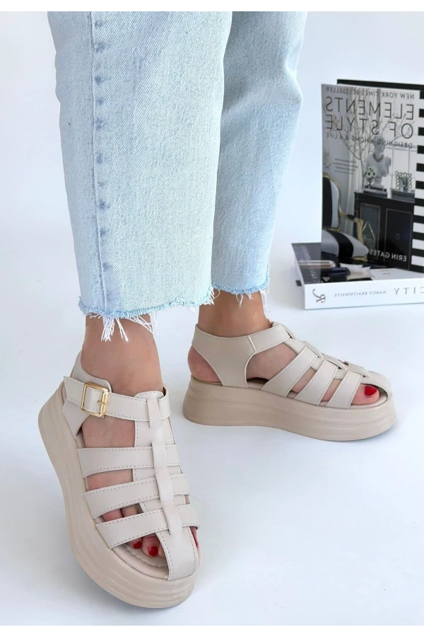 Toten Bej Cilt Kemerli Sandalet