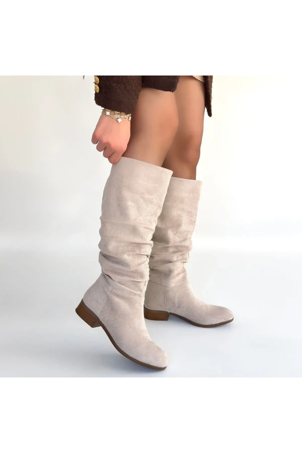 Winda Bej Süet Körüklü Topuklu Çizme