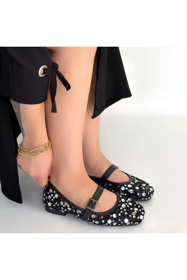 Zaty Siyah Süet Gümüş Pullu Babet Ayakkabı