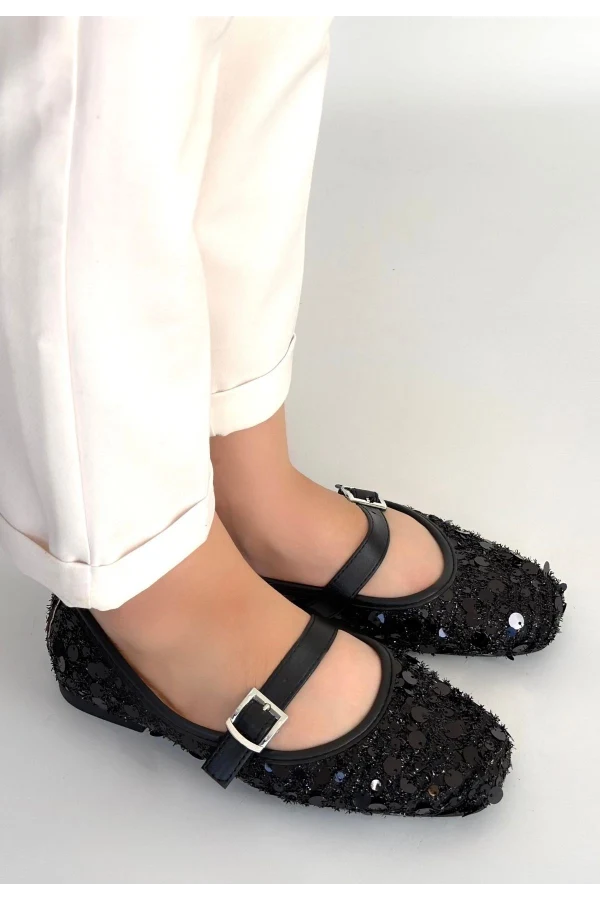 Zaty Siyah Süet Siyah Pullu Babet Ayakkabı