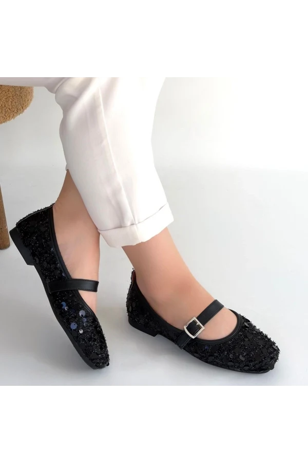 Zaty Siyah Süet Siyah Pullu Babet Ayakkabı