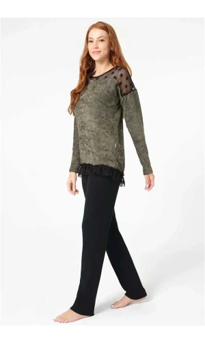 Anıl 9084 Uzun Kol Bisiklet Yaka Polyester Elastan düz Kışlık Örme Normal Bel Transparan Tül Detaylı Pijama Takımı