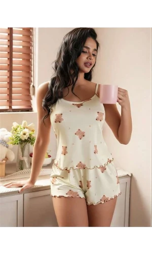 Arias Closet Ayıcık Desenli Askılı Şortlu Pijama Takımı
