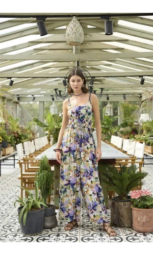 Arias Closet Çiçek ve Yaprak Desenli İp Askılı Tulum