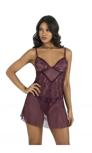 Arias Closet Dantel İşlemeli Mürdüm Kısa Tül Gecelik