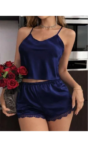 Arias Closet Lacivert İnce Askılı Dantel İşlemeli Saten Şortlu Takım