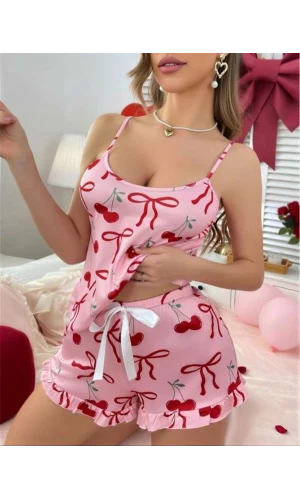 Arias Closet Pembe Üstüne Kiraz Desenli Askılı Şortlu Pijama Takımı