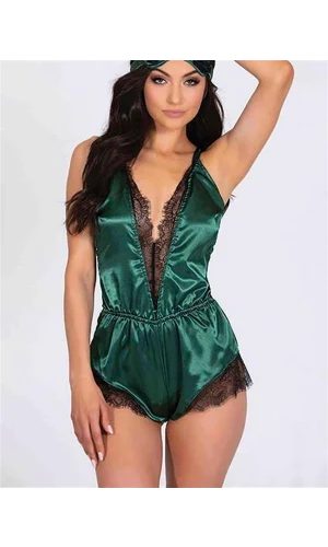 Arias Closet Yeşil Dantelli Sırtı Çapraz Saten Şort Tulum