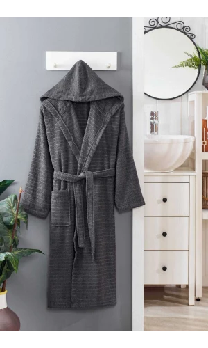 Kapüşonlu Unisex Banyo Bornozu %100 Soft Pamuklu Antrasit