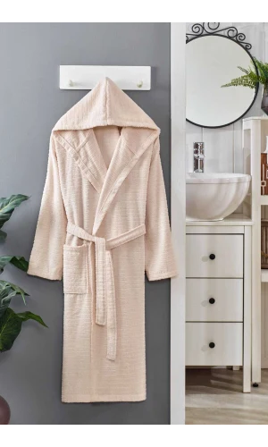 Kapüşonlu Unisex Banyo Bornozu %100 Soft Pamuklu Krem