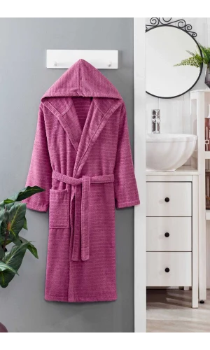 Kapüşonlu Unisex Banyo Bornozu %100 Soft Pamuklu Mürdüm