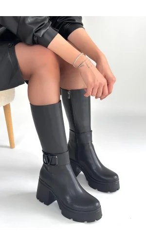 Moki Siyah Cilt Topuklu Çizme