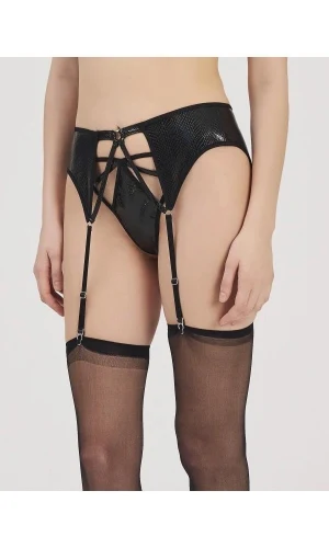 Moonlight 3219 Siyah Deri Görünümlü Jartiyer String Takımı